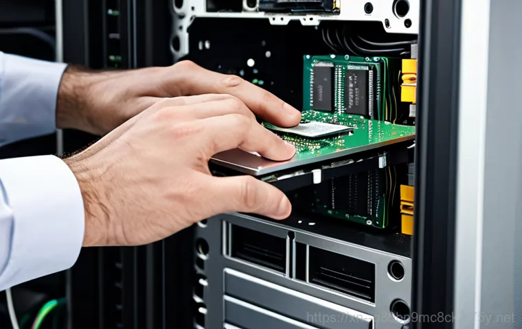 속달동 하드조립 및 교체수리 - "A modern computer repair shop interior, featuring a variety of hard drives (HDDs and SSDs) displaye...