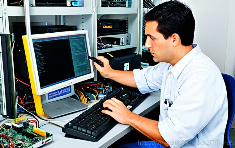 죽백동 STATUS_INVALID_PAGE - **Prompt:** A friendly computer repair technician, fully clothed in professional attire, assisting a...