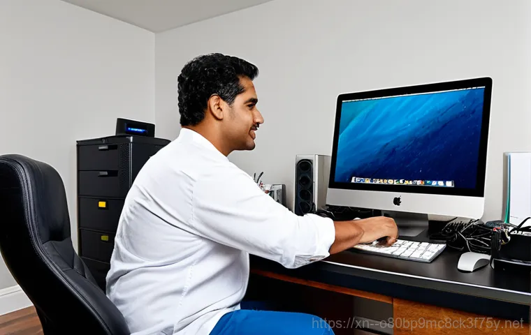 금석동 맥윈도우 부트캠프_bootcamp 재설치 포맷  초기화 - **Prompt:** A technician working on a Mac computer with Boot Camp, surrounded by tools and software ...