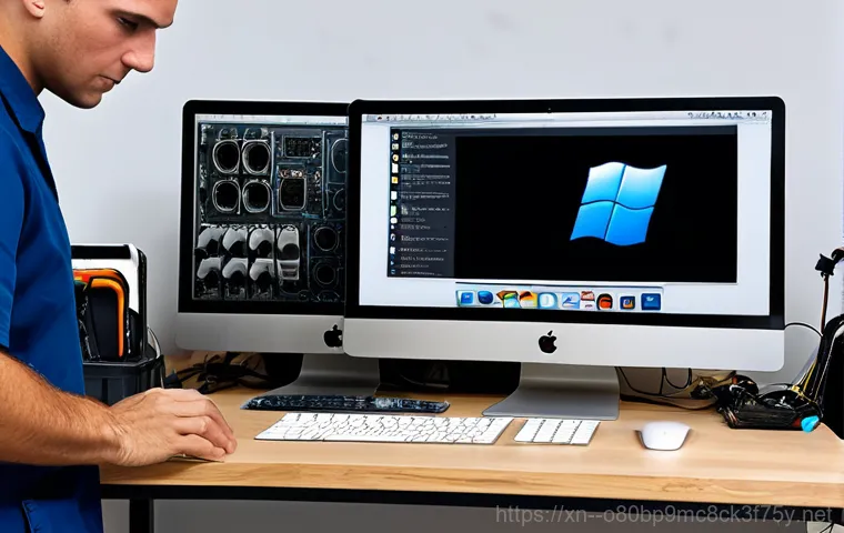 금석동 맥윈도우 부트캠프_bootcamp 재설치 포맷  초기화 - **Prompt:** A friendly computer repair technician assisting a client with their Mac Boot Camp issue ...