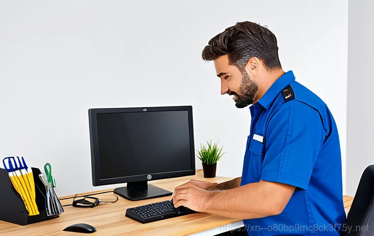 구운동 STATUS_MEMORY_ACCESS_DENIED - "A professional IT technician in a clean and modern office setting, diagnosing a computer displaying...