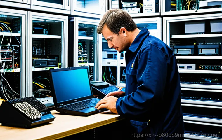마북동 블루스크린 - **Prompt:** A friendly computer repair technician, fully clothed in a professional work uniform, ass...