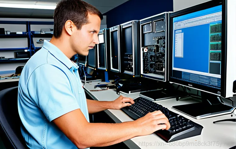 서인동 블루스크린 - **Prompt:** A friendly computer repair technician, fully clothed in professional attire, helping a s...