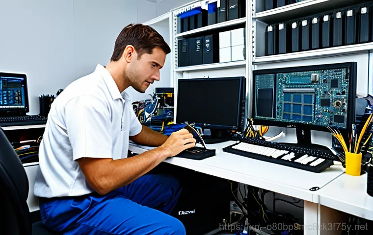 소요동 STATUS_KERNEL_UNSUPPORTED_DEVICE - **Subject:** A friendly IT technician assisting a senior citizen with their computer. **Clothing:** ...
