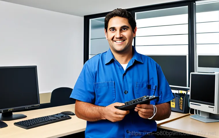 북창동 워크스테이션출장방문수리점 - **Image Prompt:** A professional IT technician in a brightly lit office, fully clothed in a branded ...