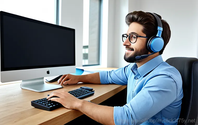 여월동 절전모드 - "A computer technician in professional attire, troubleshooting a desktop PC in a modern office setti...
