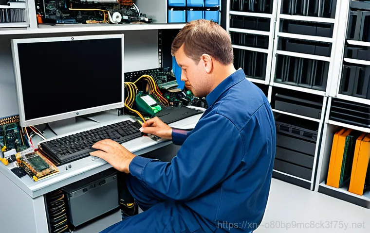 송파동 워크스테이션출장방문수리점 - "A friendly computer technician in professional attire repairing a workstation in a modern office in...