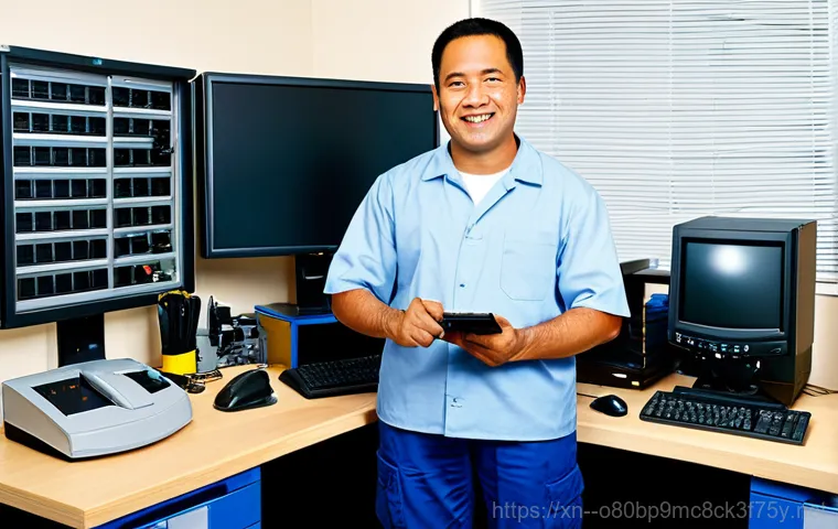 남현동 STATUS_DISK_WRITE_FAILURE - "A smiling IT support specialist, wearing modest clothing, assisting a senior citizen with a compute...