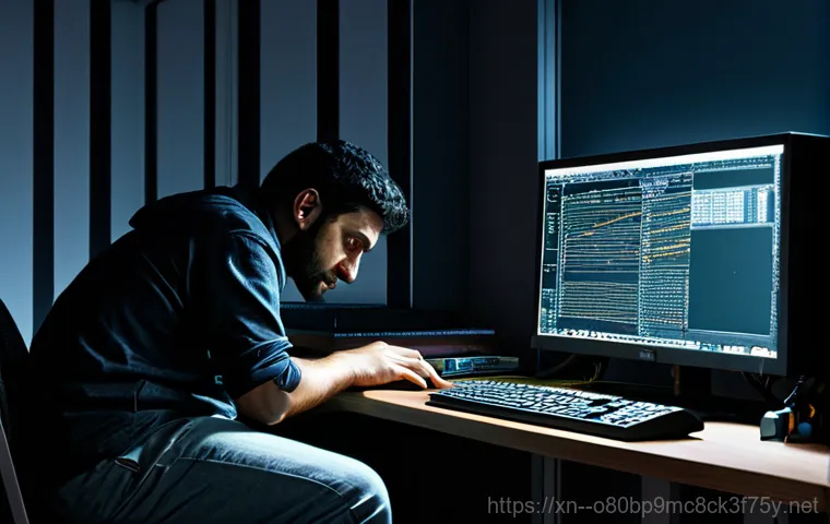 낙성대동 STATUS_INVALID_IMAGE_FORMAT - An intense, close-up shot of a freelancer's face illuminated by a blue light. The light emanates fro...
