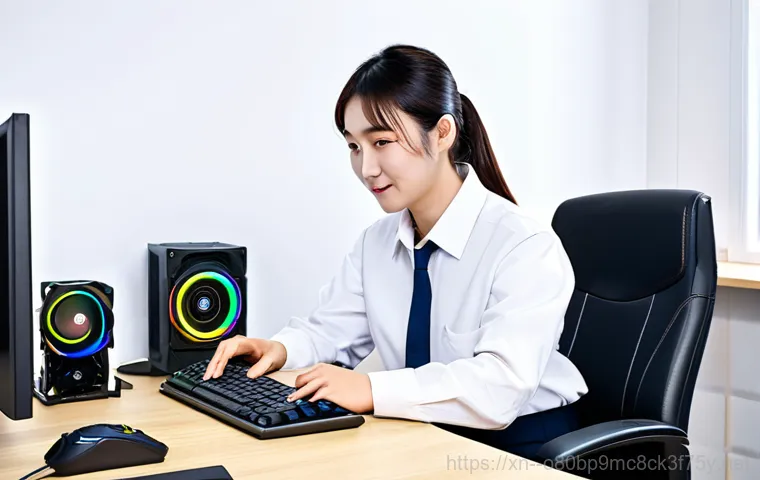 경운동 조립컴퓨터 pc 출장판매설치 - A professional male PC technician, wearing a neat uniform with a subtle company logo, carefully inst...