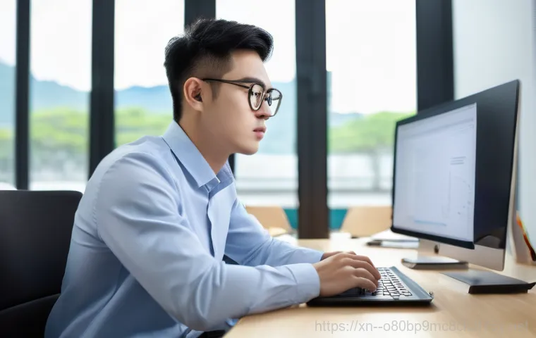 안암동 컴퓨터업그레이드 - A joyful young adult, dressed in casual, modern clothing, sits at a clean, well-lit desk, happily in...