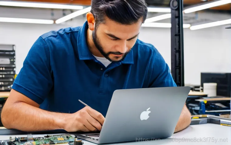 일산동구 맥북프로 판매 및 수리 - **Image Prompt 2: MacBook Pro Battery Swelling Inspection**
    A close-up, high-angle shot focusing...