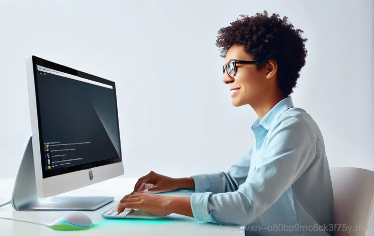 수암동 윈도우7 windows7 재설치 포맷  초기화 - **Image Prompt 2:** A person, seen from an over-the-shoulder perspective, intently focused on a lapt...