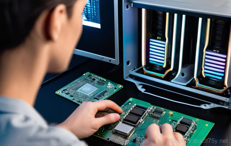 견지동 그래픽카드조립 및 교체수리 - A close-up shot focusing on hands carefully installing a new, sleek graphics card into a desktop com...
