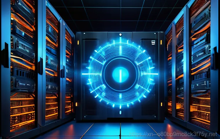 덕적면 STATUS_KERNEL_PERMISSION_DENIED - In a dimly lit, futuristic server room, a large, crystalline structure pulses with intricate blue an...