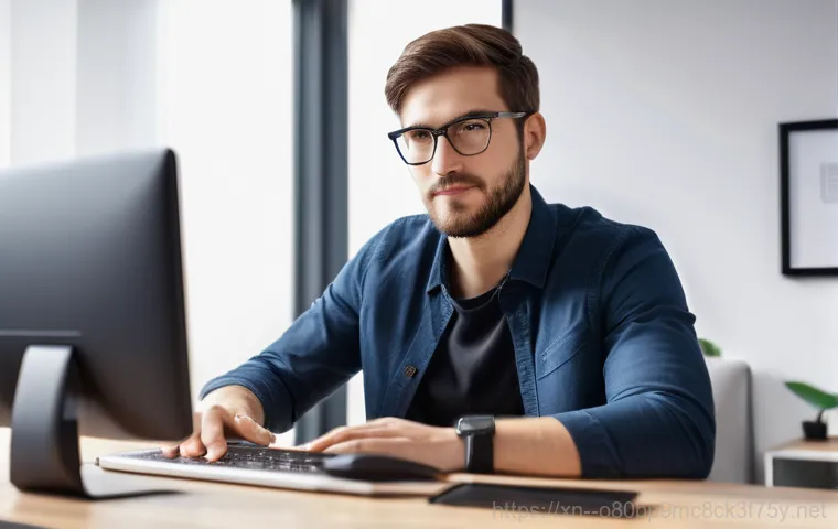 원신동 STATUS_KERNEL_HEAP_CORRUPTION - A focused individual, wearing a clean t-shirt and jeans, is carefully leaning over an open desktop c...