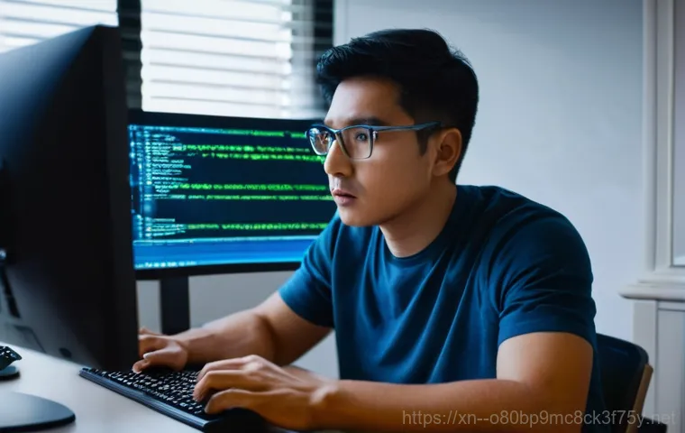 검암동 STATUS_SYSTEM_FILE_MISSING - A young adult, looking stressed, sits in a dimly lit room in front of a desktop computer. The comput...