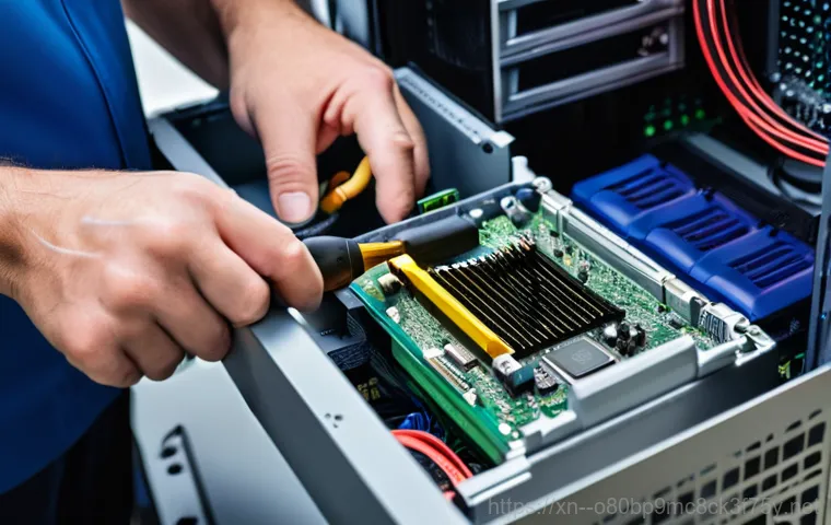 원창동 블루스크린 - A close-up, highly detailed shot of the inside of a desktop computer case, focusing on the RAM modul...