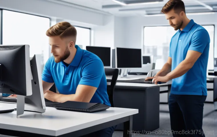 용답동 중고컴퓨터 pc 출장판매설치 - A professional computer technician, wearing a clean company polo shirt with a subtle logo, is expert...