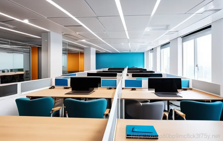 당주동 네트워크구축 설정 및 세팅오류해결 - Inside a modern, empty office in Dangju-dong at night. Two network technicians, a male and a female ...