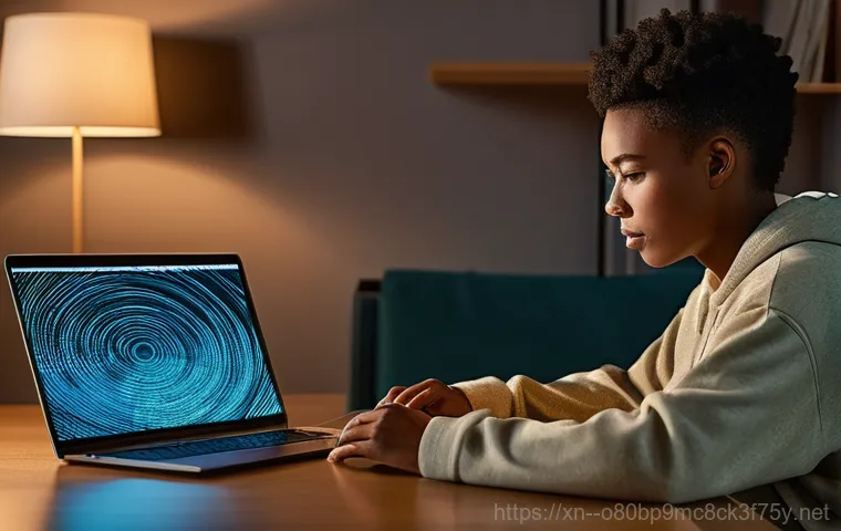 신장동 NTFS_FILE_SYSTEM - **Prompt: "A young adult sits at a modern desk, hands hovering over a keyboard, with a look of sudde...