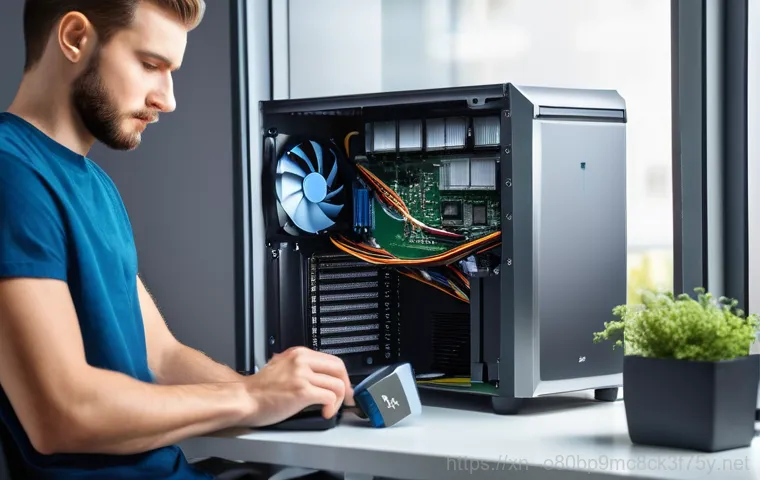 주안동 ATTEMPTED_EXECUTE_OF_NOEXECUTE_MEMORY - A detailed shot focusing on a person troubleshooting a desktop computer. One hand is carefully inser...