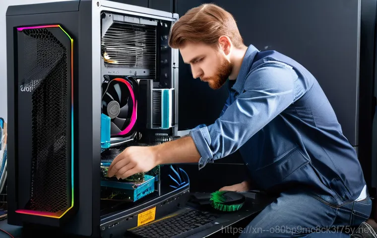무지내동 그래픽카드조립 및 교체수리 - A detailed close-up shot of an open desktop computer case, focusing on a pair of gloved hands (belon...