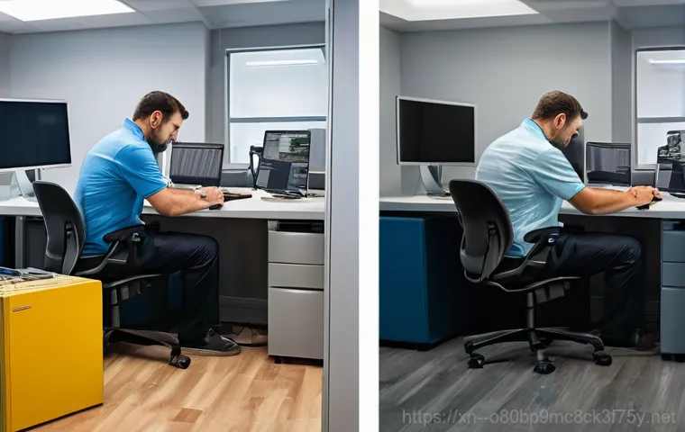 남현동 워크스테이션출장방문수리점 - A professional technician, wearing a clean, dark blue uniform, meticulously repairing a high-end wor...