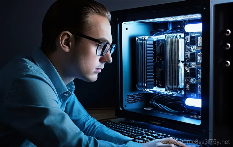 양사면 부팅불가 - A detailed close-up shot of human hands delicately handling a computer's RAM module. One hand gently...