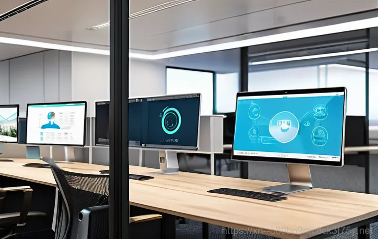 산림동 네트워크구축 설정 및 세팅오류해결 - **Night-Time Network Installation in an Empty Office:** A wide shot of a spacious, empty office floo...