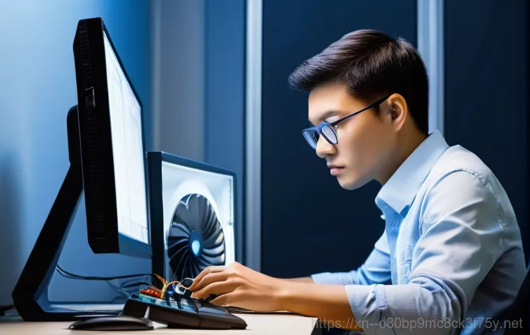 동빙고동 STATUS_KERNEL_DATA_CORRUPTION - **Prompt:** A close-up shot inside an open desktop computer case. A skilled technician, wearing an a...