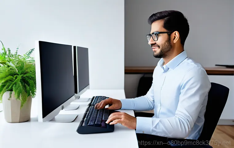 미아리 NTFS_FILE_SYSTEM - **Prompt:** A person in their early 30s, with a gentle, relieved smile, intently gazing at a laptop ...