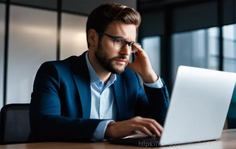 원평동 STATUS_DISK_NOT_INITIALIZED - A detailed, realistic photograph of a young, focused computer technician, wearing a clean, dark blue...