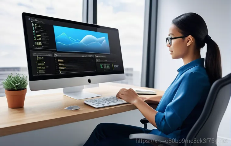 강천면 pc복구중 - **Prompt:** A woman in her late 30s is seated at a computer desk, beaming with profound joy and reli...