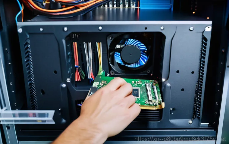 율면 VGA조립 및 교체수리 - An overhead shot of an open desktop computer case, revealing a graphics card fan heavily clogged wit...