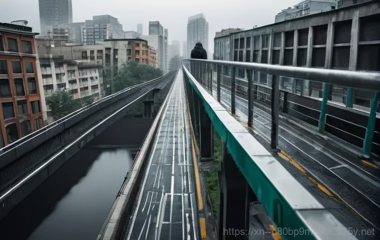 남대문 HARDWARE_FAILURE - A highly detailed, near-future cityscape at dusk, featuring complex interconnected infrastructure, s...