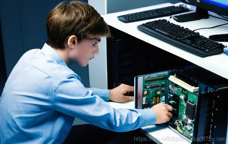 태평동 STATUS_KERNEL_STACK_CORRUPTION - **Blue Screen of Dread**: A young person, around 15-18 years old, is sitting at a desk in a dimly li...