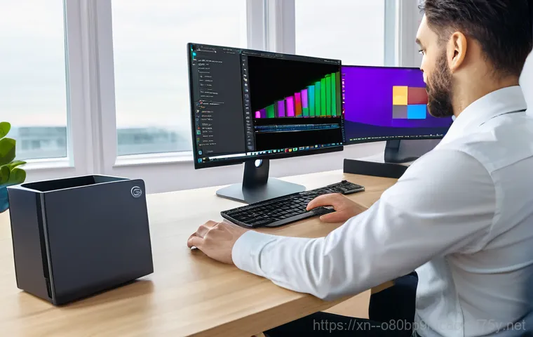 운서동 프로그램응답없음 - A close-up shot of a desktop computer setup with a user's hands hovering over the keyboard. The comp...