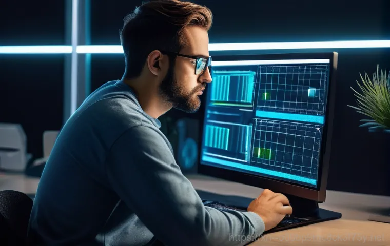 초이동 STATUS_KERNEL_HEAP_CORRUPTION - **Prompt 2: Frustration at the Blue Screen**
    "A person, wearing a casual long-sleeved shirt and ...
