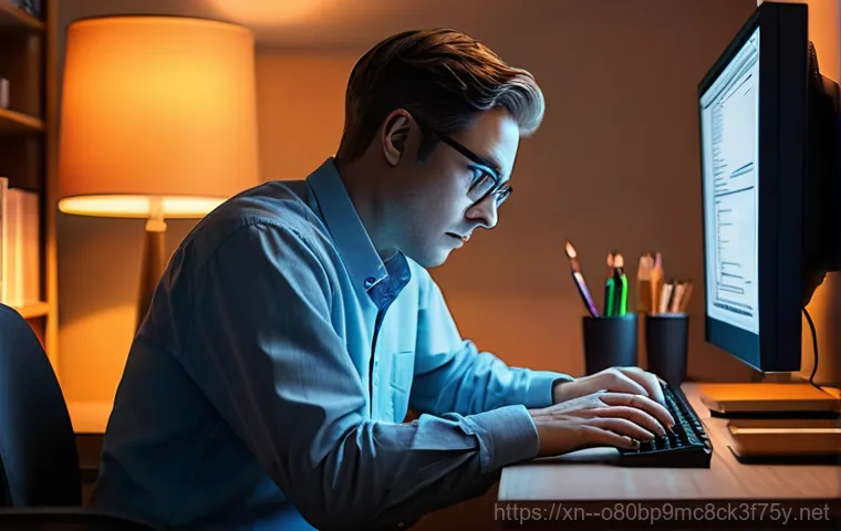 강하면 STATUS_KERNEL_CONNECTION_TIMEOUT - **Prompt:** A young adult, dressed in casual, modest clothing, sits at a desk in a dimly lit room, l...