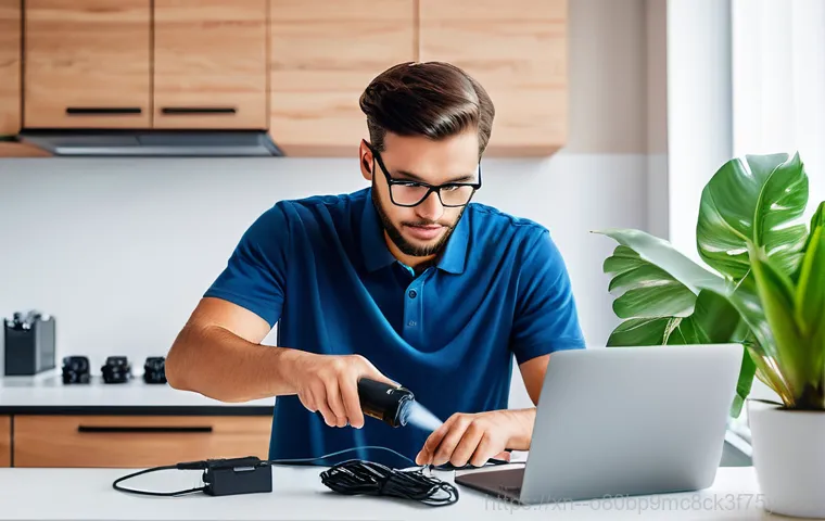 갈곶동 노트북 laptop 출장방문수리점 - A skilled, friendly laptop repair technician, wearing a clean uniform and holding a professional too...