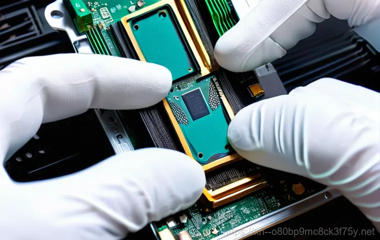 연양동 MACHINE_CHECK_EXCEPTION - **Internal Hardware Inspection & Dusting:** A close-up, focused shot on a person's hands, wearing a ...