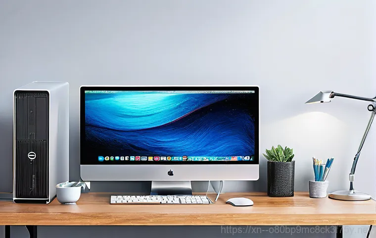 신포동 블루스크린 - A detailed scene of a person, dressed in casual attire, leaning over an open desktop computer case o...