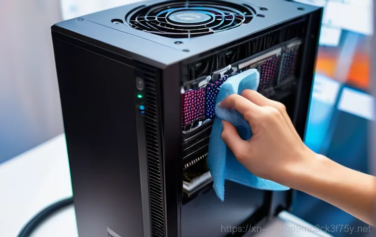북가좌동 블루스크린 - A professional computer technician, wearing a clean, dark blue uniform shirt, carefully examining th...