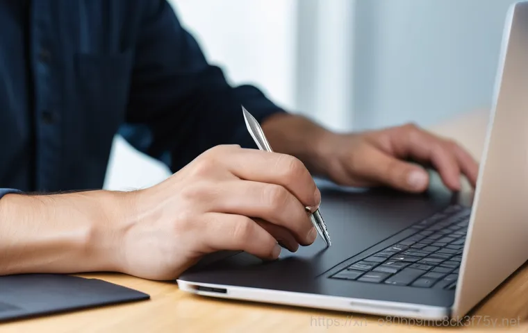 양평읍 노트북 laptop 출장방문수리점 - A female blogger, in her late 20s or early 30s, sits at a modern desk in a well-lit home office loca...