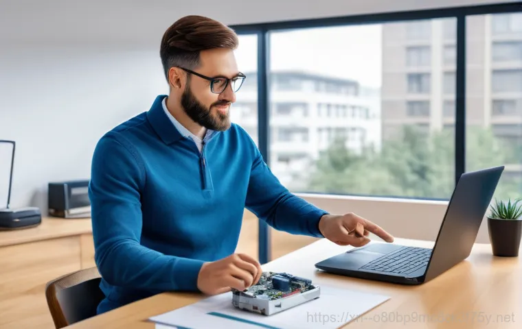 합동 노트북 laptop 출장방문수리점 - A professional male computer technician, wearing a neat, branded polo shirt, is skillfully repairing...