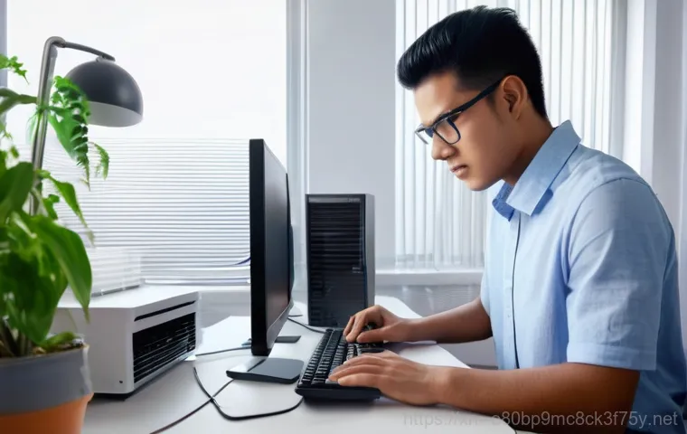 고강동 HARDWARE_FAILURE - **Sudden Computer Malfunction:** A wide shot of a person, mid-20s, dressed in casual wear (t-shirt a...
