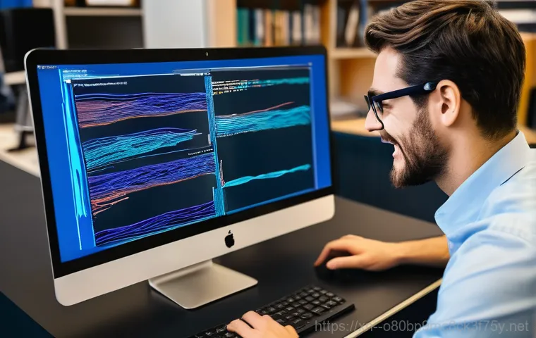 풍동 SESSION_HAS_NO_PAGEFILE - A sleek, modern desktop computer setup, with multiple glowing, semi-transparent data streams gracefu...