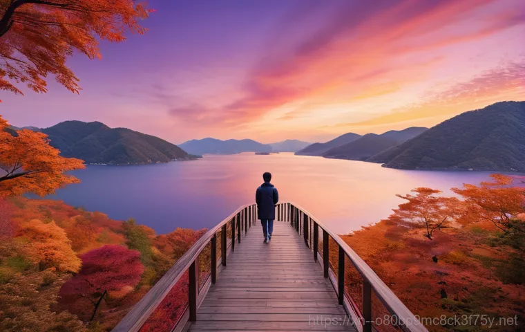 청평면 STATUS_ILLEGAL_INSTRUCTION - A serene autumn scene at a modern, glass-fronted cafe with a panoramic view of Cheongpyeong Lake. Wa...