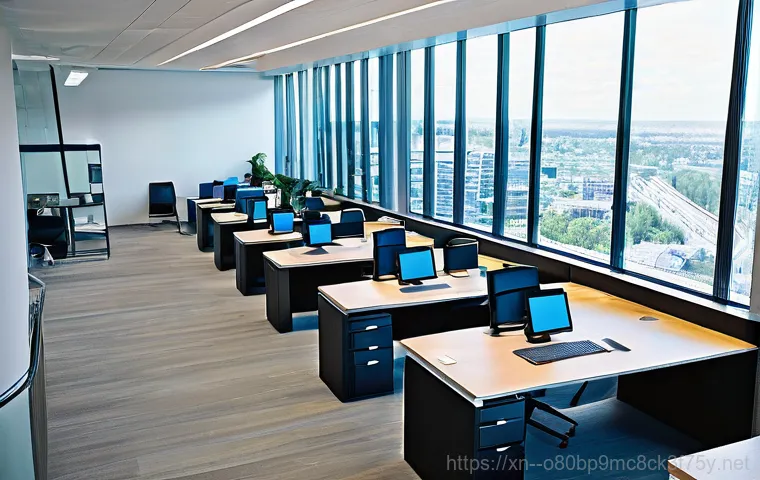 숭인동 네트워크구축 설정 및 세팅오류해결 - A young female office worker, looking slightly frustrated, sits at her desk in a contemporary open-p...